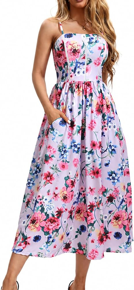 Women's Floral Spaghetti Strap High Waist Midi Dress, Sleeveless A-Line Dress for Beach, Vacation... | Amazon (US)