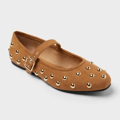 Women's Penny Gold Studded Mary Jane Flats with Memory Foam Insole - Universal Thread™ Cognac 9 | Target