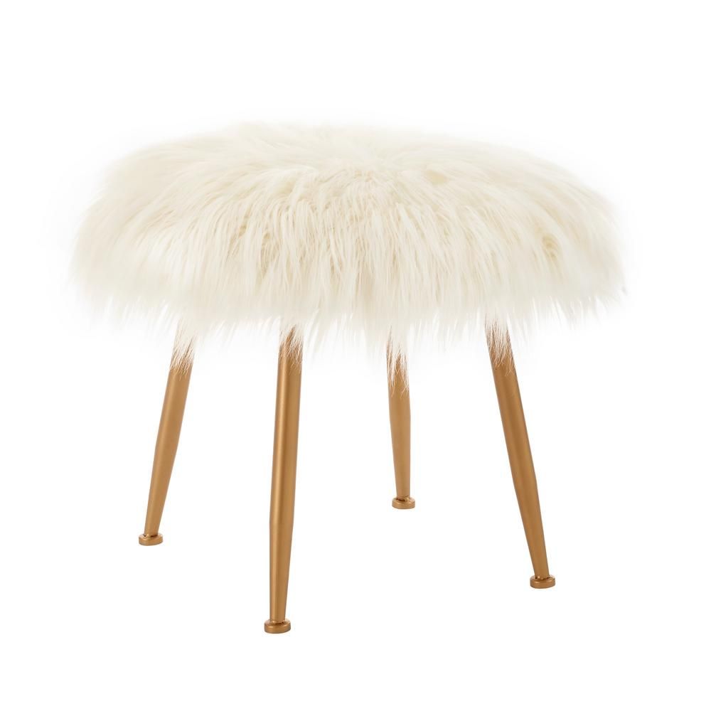 Linon Home Decor Kelly 17.75 in. Cream and Gold Faux Fur Stool, Cream/Gold | The Home Depot