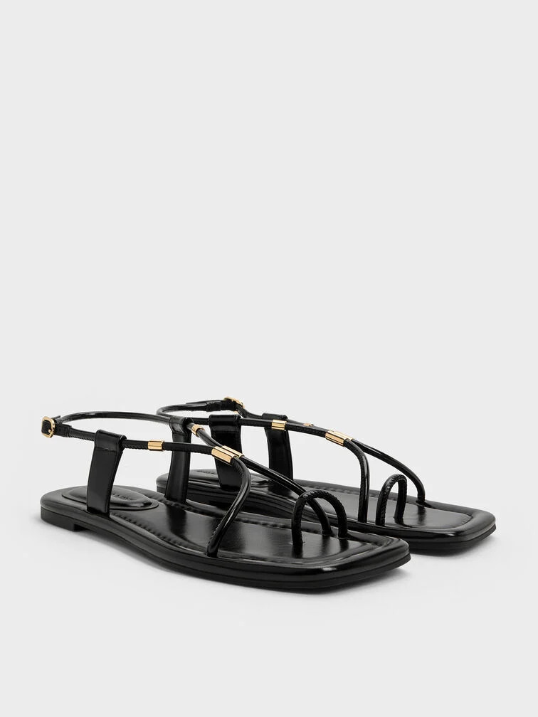 Metallic-Accent Toe-Ring Sandals - Black | Charles & Keith UK