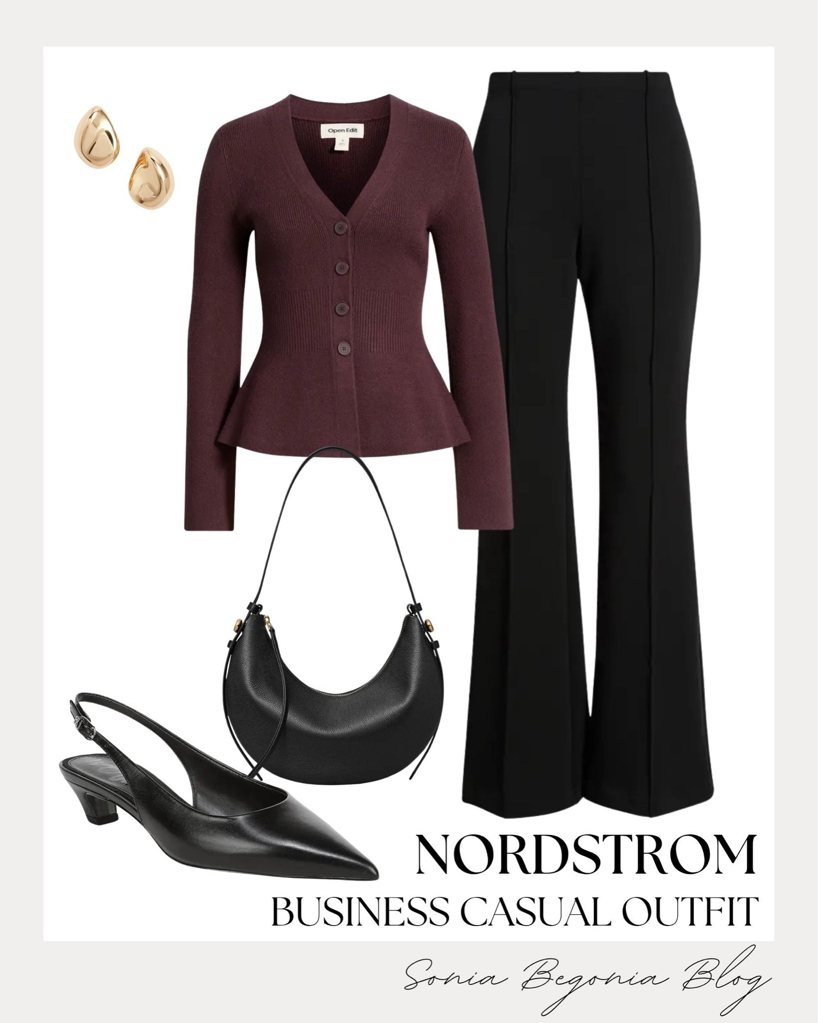 Chic workwear inspo! 💼

I styled a rich plum fitted peplum cardigan sweater paired with sleek high-waisted black wide-leg trousers for a polished office look.

I completed the ensemble with classic black slingback kitten heels, a black crescent shoulder bag, and teardrop gold earrings. ✨

#Nordstrom #WorkwearStyle #BusinessCasual #LTKworkwear #OfficeInspo #ChicStyle #OOTD #FallFashion

#LTKootd #LTKWorkwear