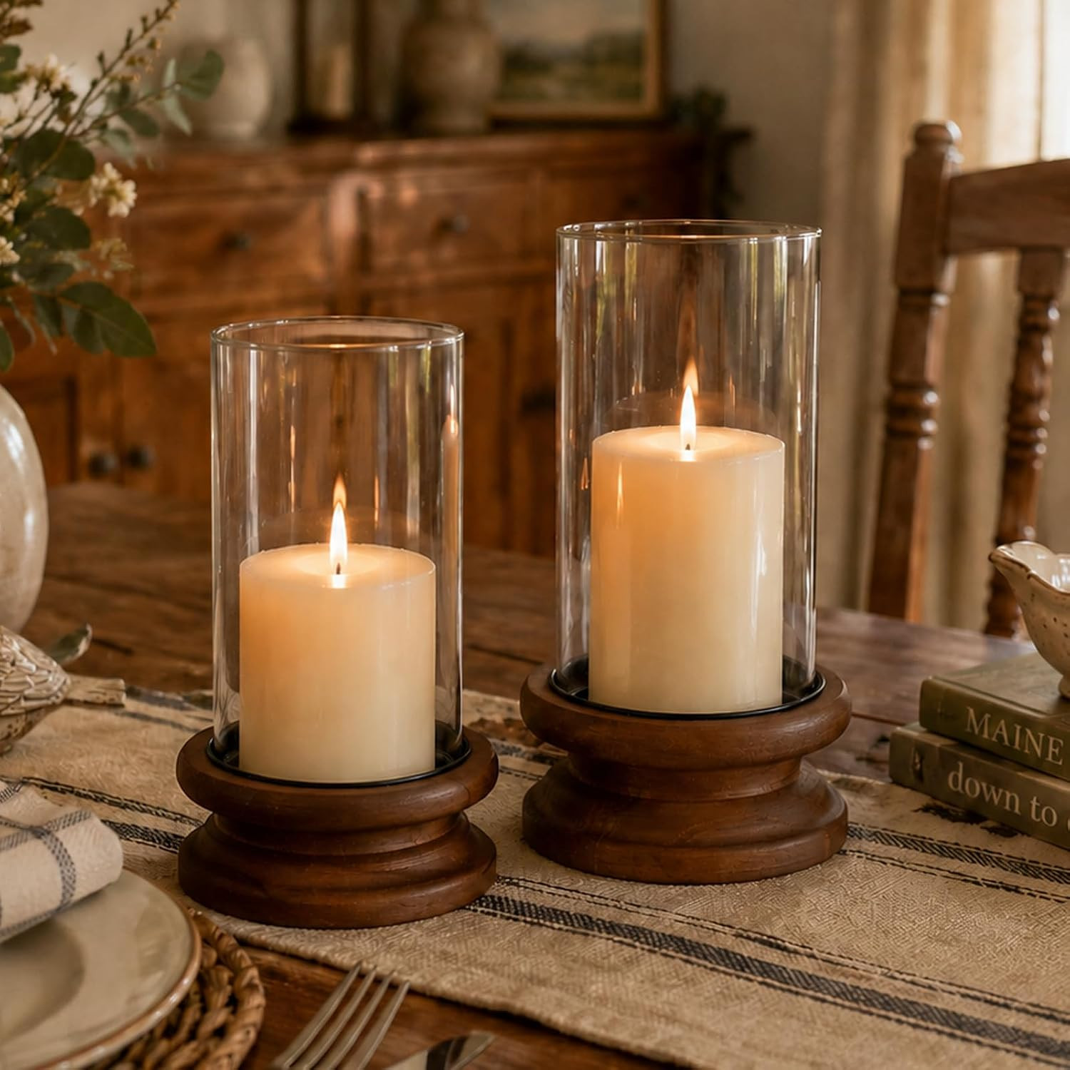 Hewory Hurricane Glass Candle Holders: 2PCS Wooden Brown Candle Holders | Amazon (US)