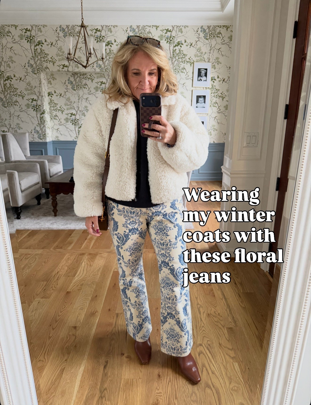 Coat size medium petite 
Floral jeans size 8, petite my regular size, but they don’t have any stretch so make sure you size up if you’re in between
Navy sweater size medium it’s a nice cold weather wait 

#LTKSaleAlert #LTKPetite #LTKOver40