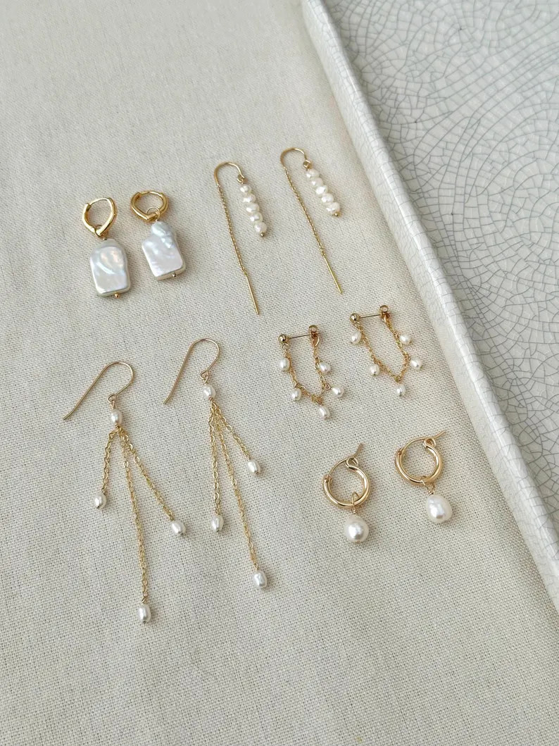 Delicate Pearl Chain Earrings, 14K Gold Filled Hanging Pearl Earrings, Elegant Seed Pearl Earring... | Etsy (US)