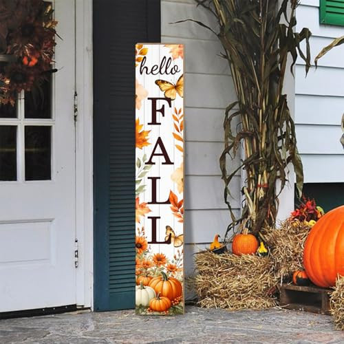 Hello Fall Porch Sign Autumn Pumpkin Maple Leaf Welcome Sign Vertical Standing Sign For Front Porch Decor Farmhouse Hanging Wall Sign for Patio Yard Party Indoor Outdoor Thanksgiving Decoration 47.2"H | Amazon (US)