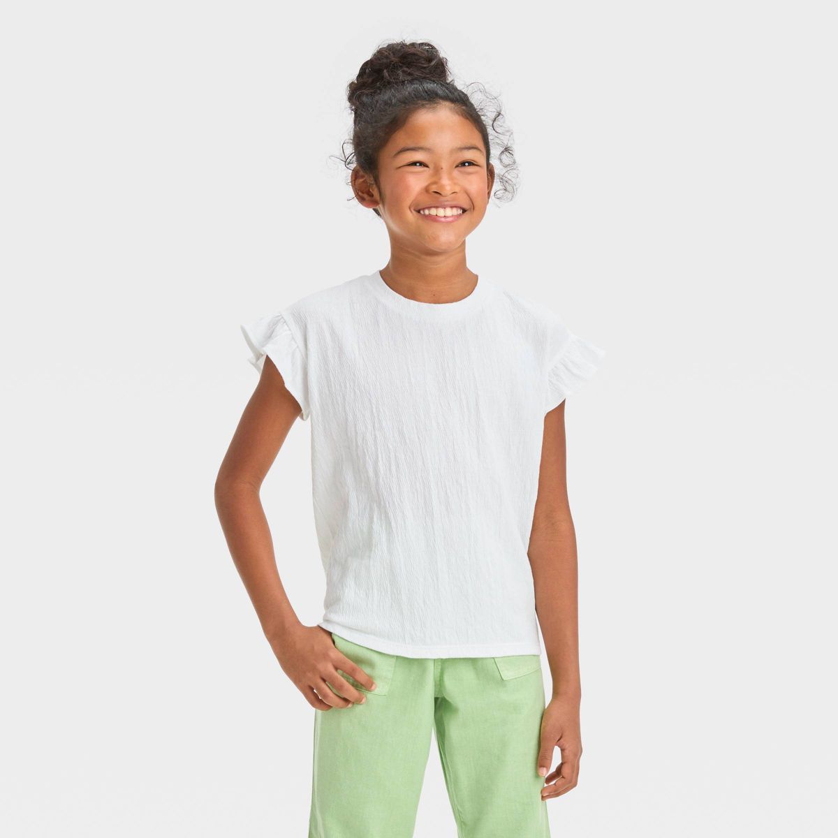 Girls' Flutter Sleeve Textured Knit T-Shirt - Cat & Jack™ White S | Target