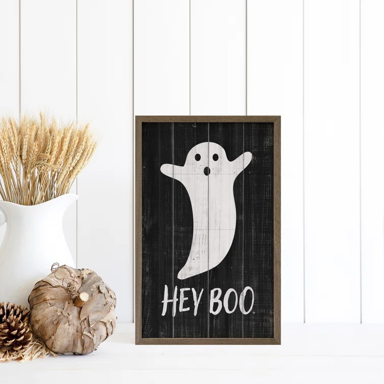 Hey Boo Ghost Black Framed On Wood Textual Art | Wayfair North America