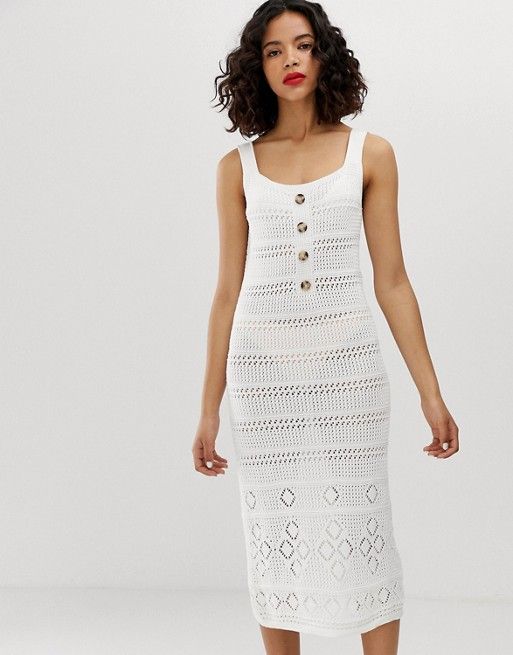 Warehouse crochet dress with buttons in ivory | ASOS US