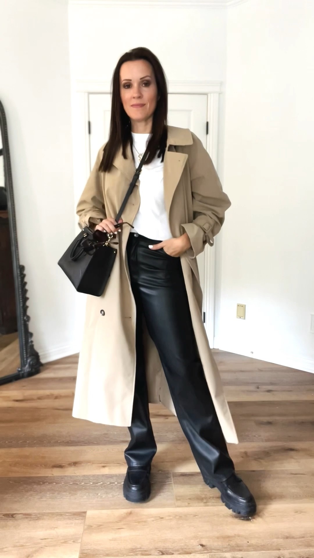 Fall outfit inspo - faux leather pants. 

I LOVE how faux leather pants can elevate any look instantly. They can be worn casually or completely glam. These have quickly become a staple piece for me!

Sizing-
Faux leather pants-run TTS, wearing 6
Coat-runs TTS, size up for an oversized fit, wearing medium. 
Shoes-TTS

H&M | Amazon the drop | trench coat ~ faux leather pants | chunky loafers | H&M | ASOS 

#LTKworkwear #LTKunder100 #LTKunder50