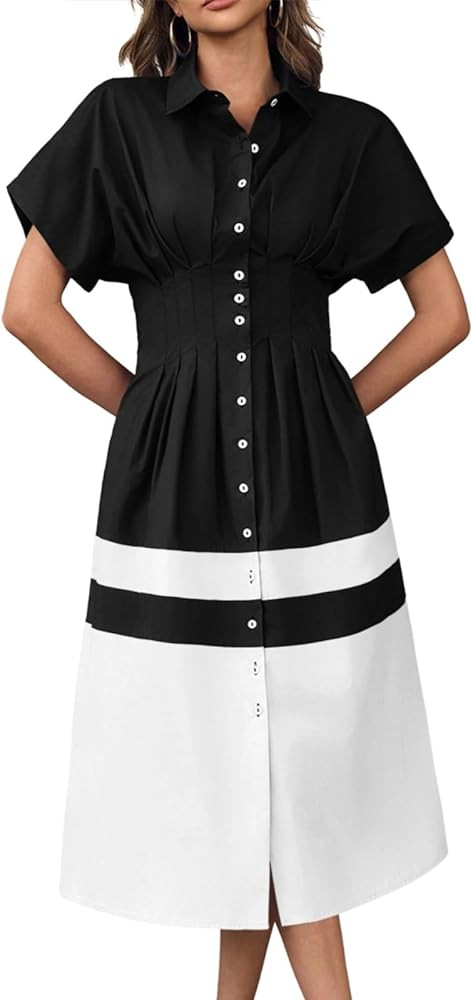 Wenrine Womens Summer Button Down Shirt Dress Casual Color Block V Neck Short Sleeve Corset Maxi ... | Amazon (US)