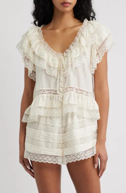 LoveShackFancy Persine Lace Trim Silk Top in Ivory at Nordstrom, Size Large | Nordstrom