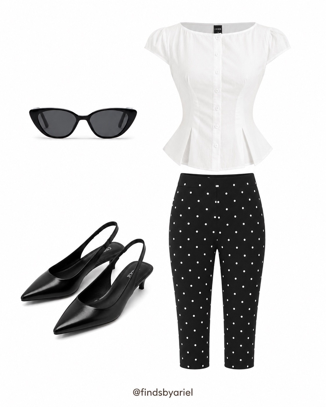 Black + white will always be that girl 🖤

A simple outfit formula that looks instantly put together:
white fitted blouse + polka dot capris + pointed slingbacks + cat-eye sunnies.

Save this for an easy classy outfit idea ✨

#OutfitInspo #FashionFinds #ClassyStyle #BlackAndWhiteOutfit #PolkaDotPants #CapriPants #SlingbackHeels #CatEyeSunglasses #ChicStyle #AffordableFashion #OOTD #StyleInspiration #FindsByAriel

#LTKWorkwear #LTKgrwm #LTKootd