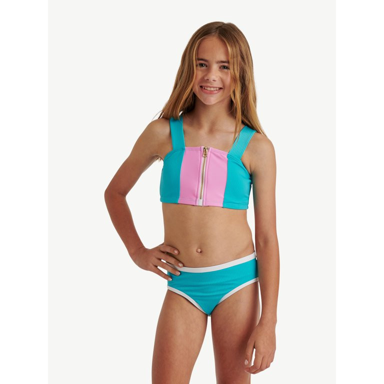 Justice Girls Ribbed Zipper Bikini Swimsuit, 2 Piece, Sizes XS-XL - Walmart.com | Walmart (US)