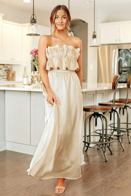 Strapless Ruffle Champagne Satin Maxi | Magnolia Boutique