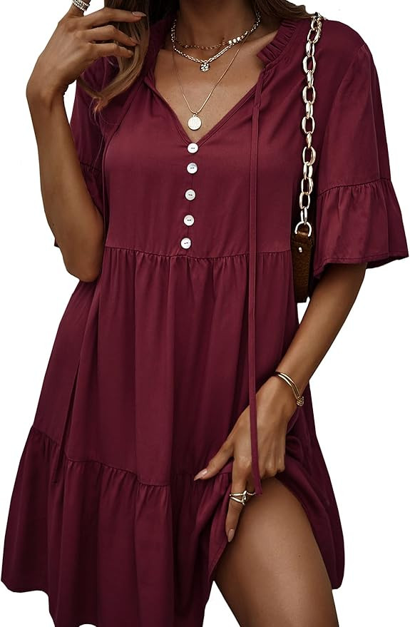 GAOVOT Women's Casual Babydoll Dresses Ruffle V Neck Drawstring Neck Tie Flared Short Sleeves Sum... | Amazon (US)