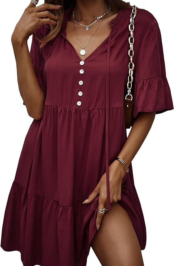 GAOVOT Women's Casual Babydoll Dresses Ruffle V Neck Drawstring Neck Tie Flared Short Sleeves Sum... | Amazon (US)