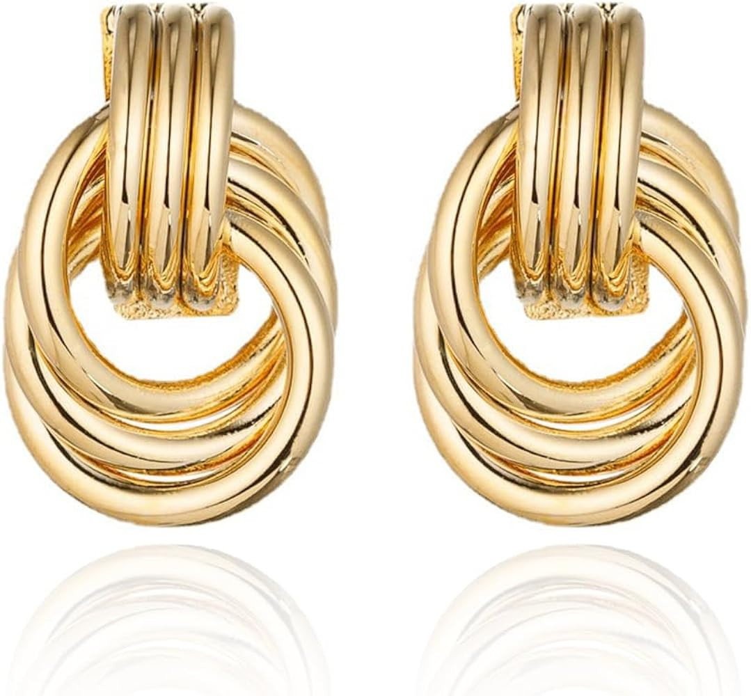 Gold and Silver Two Tone Knot Earrings for Women Gold Statement Earrings Elegant Chunky Double Ho... | Amazon (US)
