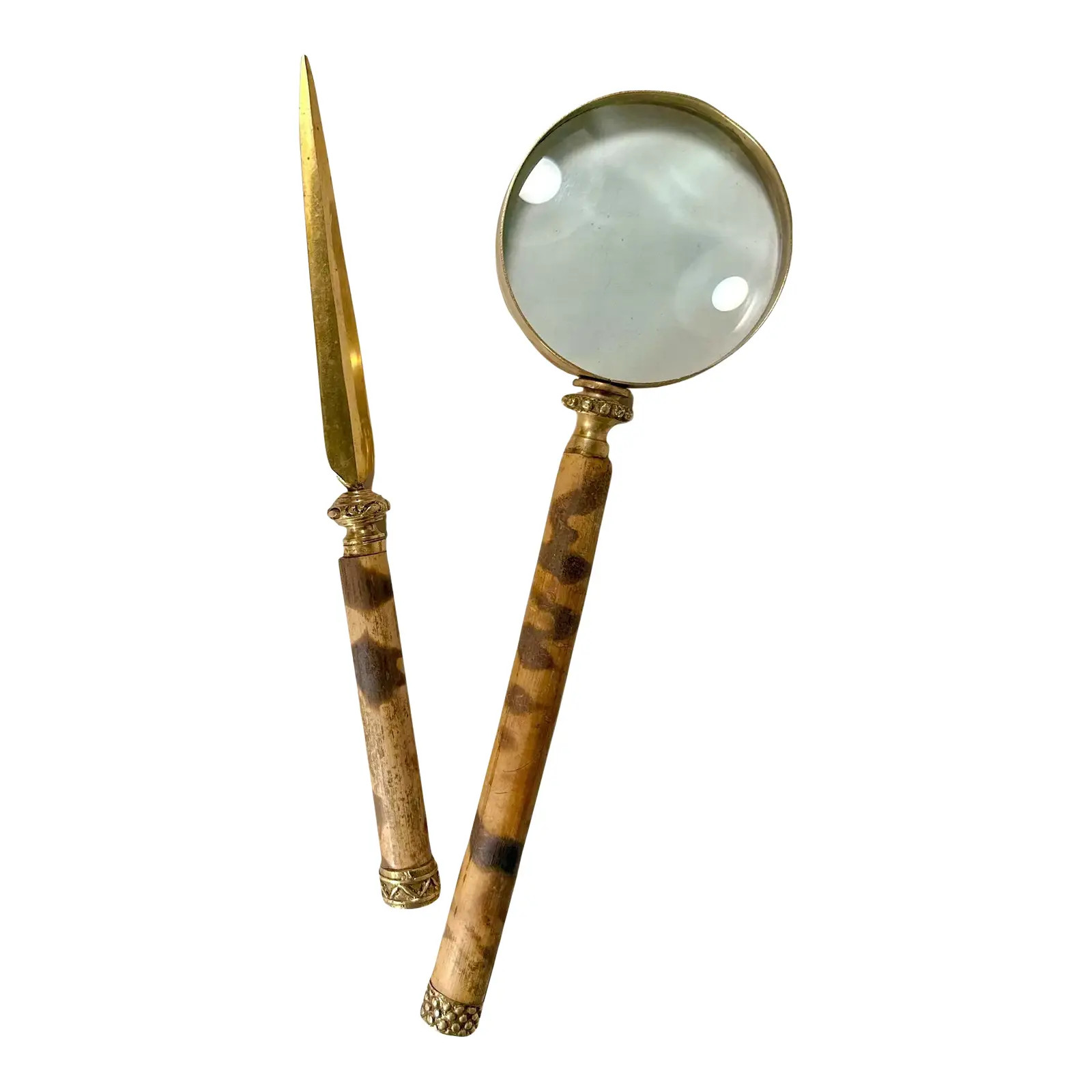 Bamboo Magnifying Glass and Letter Opener Desk Set. | Chairish