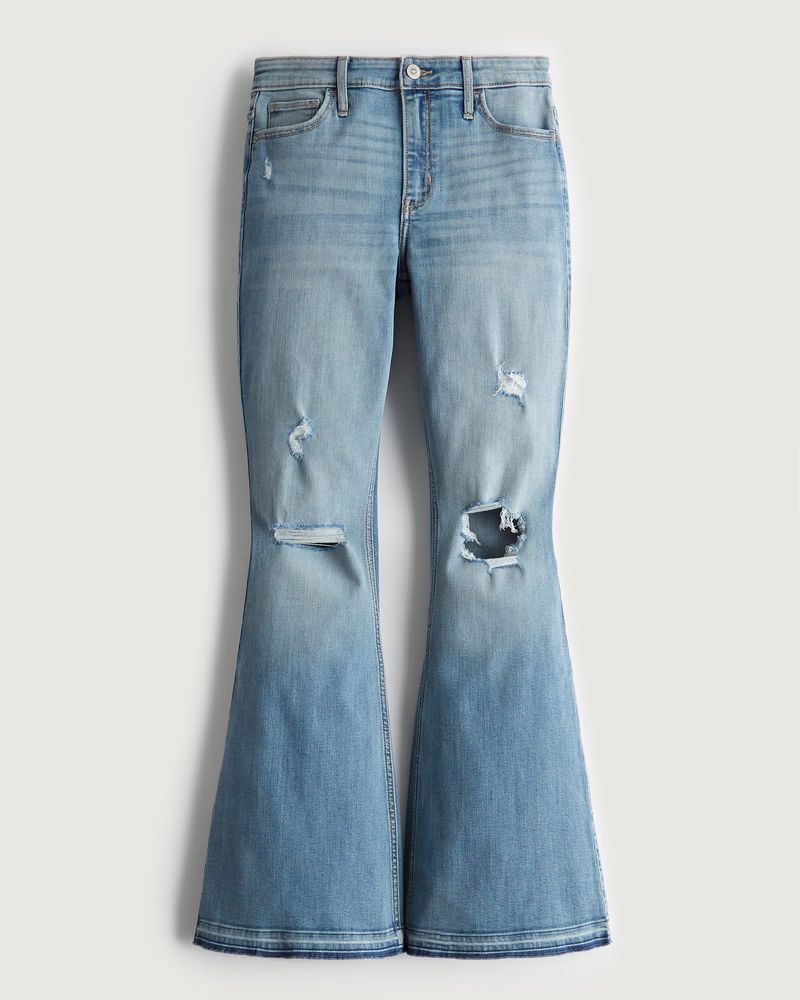 High-Rise Ripped Medium Wash Flare Jeans | Hollister (US)