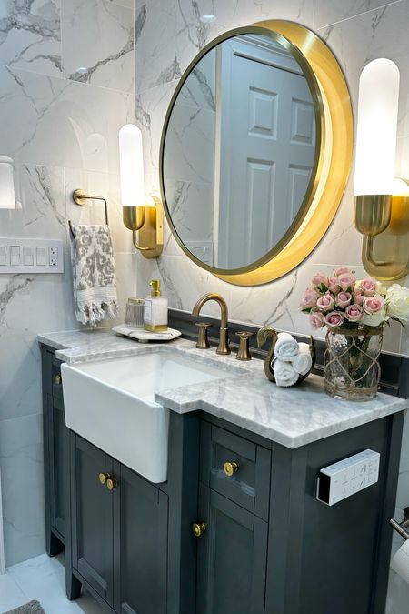 Bathroom vanity styling, vanity mirror, white and gold bathroom, grey and gold bathroom, bathroom vanity, @thehomedepot , WalmartHome @walmart , bathroom design Inspo 

#LTKFind #LTKhome #LTKstyletip