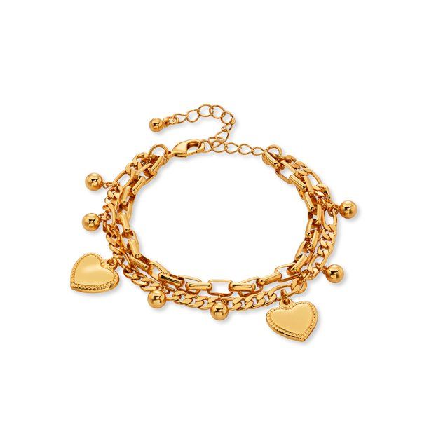 Scoop Brass Yellow Gold-Plated Fashion Heart Charm Bracelet, 7.5" + 2" Extender | Walmart (US)