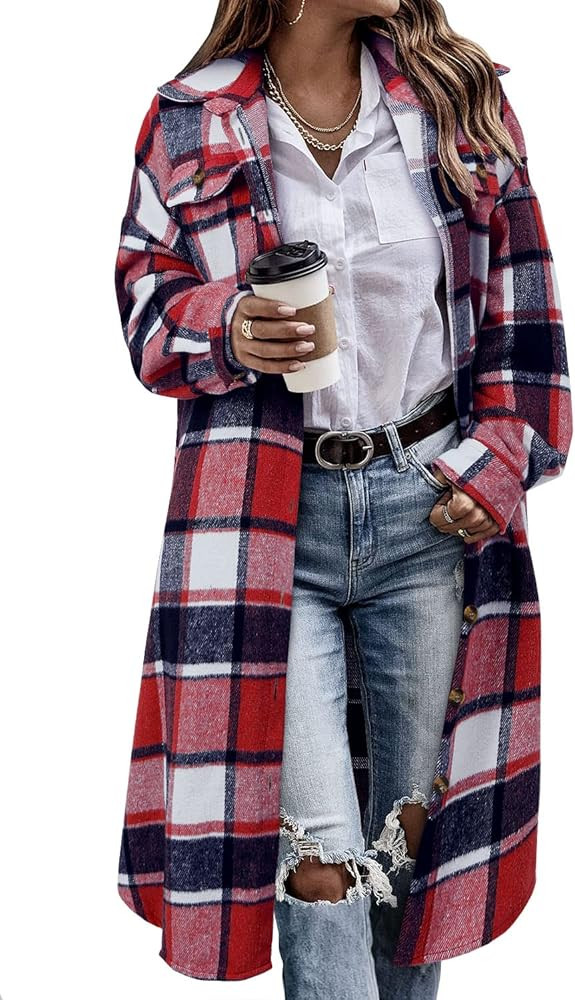 CHICZONE Womens Plaid Shacket Jacket Long Corduroy Shirt Casual Lapel Button Down Flannel Trench ... | Amazon (US)