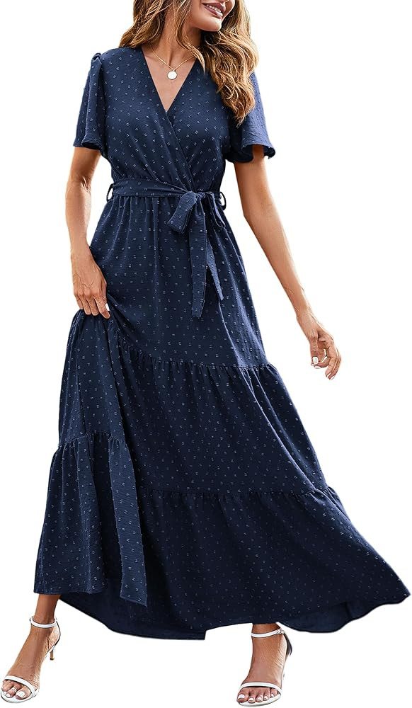 MASCOMODA Womens Boho Swiss Dot Maxi Dresses Wrap V Neck Flutter Short Sleeve Solid Tie Belt A Li... | Amazon (US)