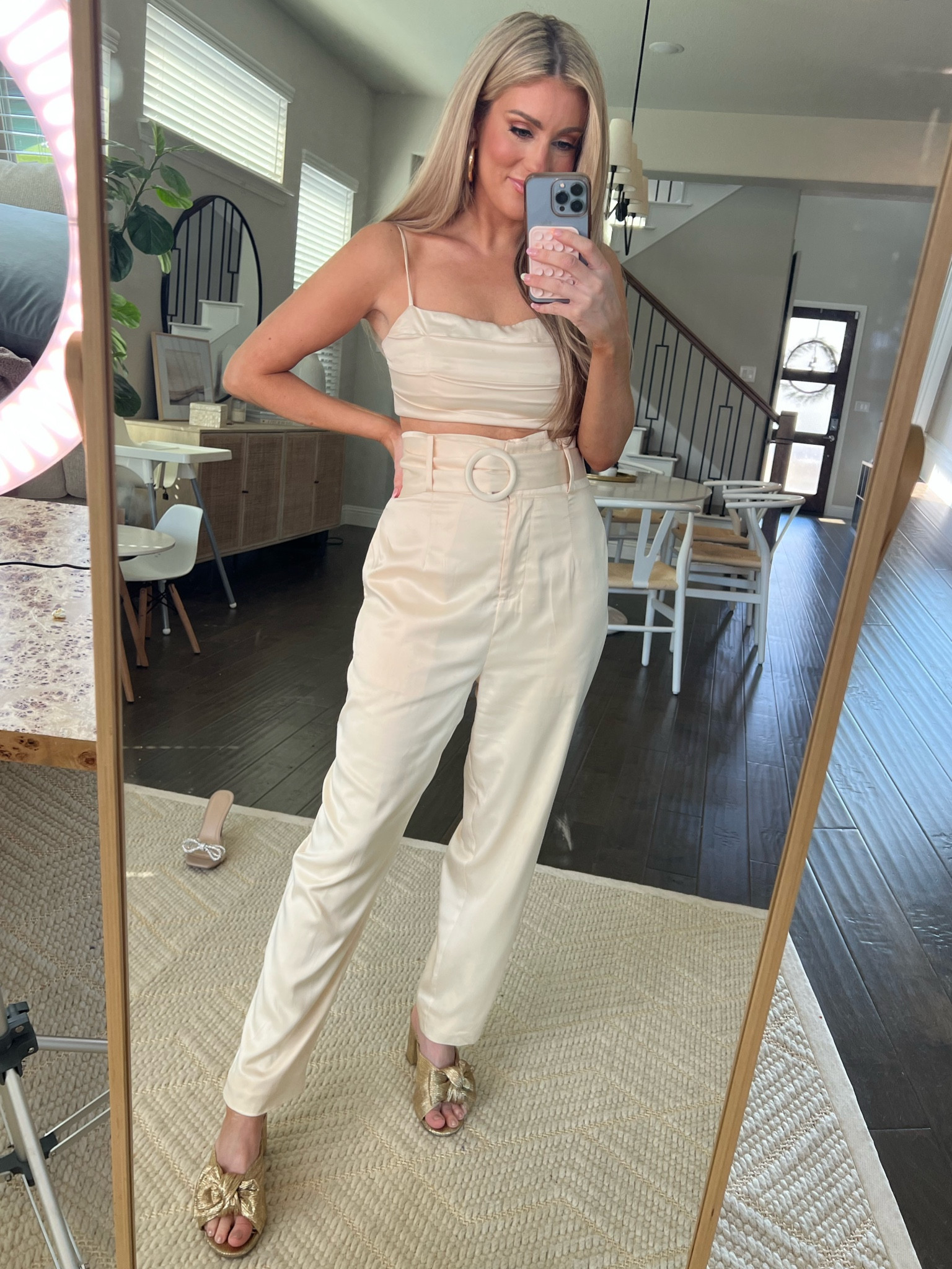 Two piece ivory set, silk outfit, dress pants, bride outfit, baby shower outfit, cream outfit, wedding guest outfit, high rise pants, adjustable strap top, work outfit, workwear, date night look, dinner outfit 

#LTKstyletip #LTKFind #LTKbaby