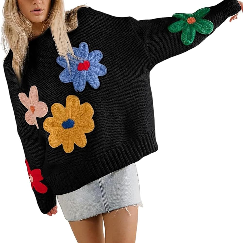 Women Floral Sweater Long Sleeve Round Neck Casual Lounge Colorful Flower Knit Pullover Top | Amazon (US)