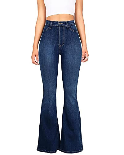 High Waisted Bell Bottom Jeans for Women Dark Blue Flare Jeans Retro Bootcut Jeans Stretch Wide Leg Denim Pants (Dark Blue, 02) | Amazon (US)