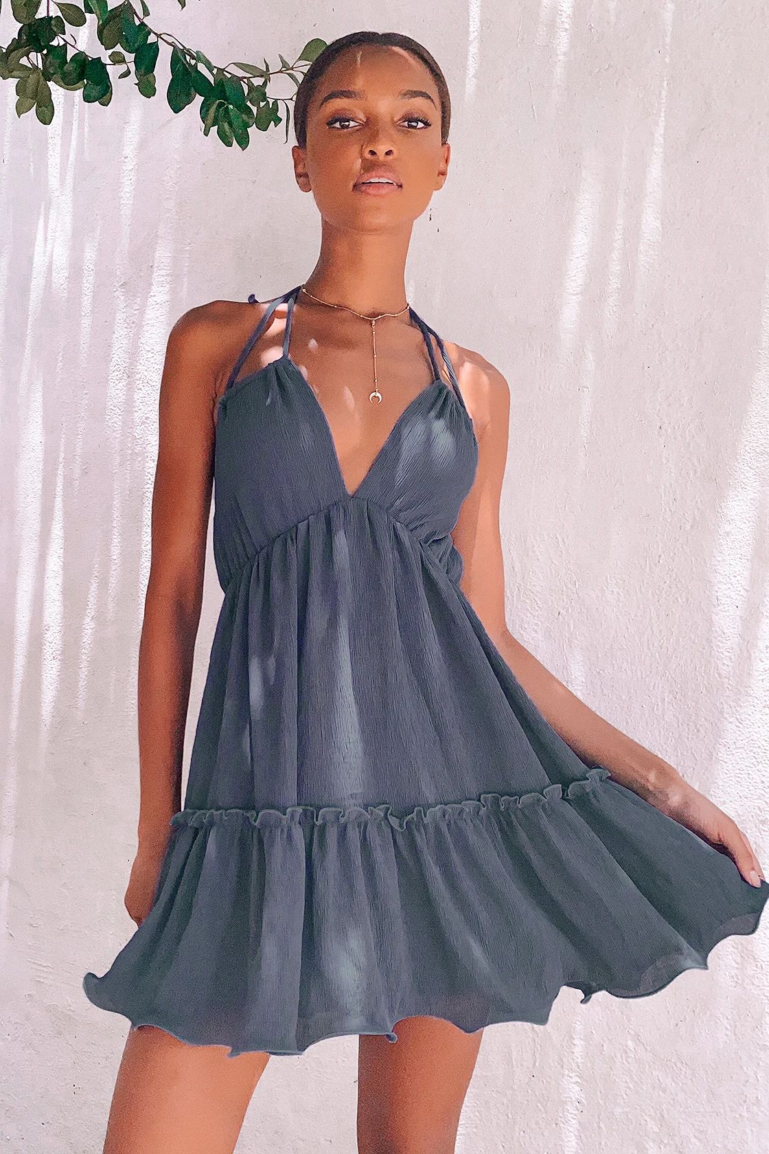 Sweet and Sunny Denim Blue Tiered Halter Babydoll Dress | Lulus (US)