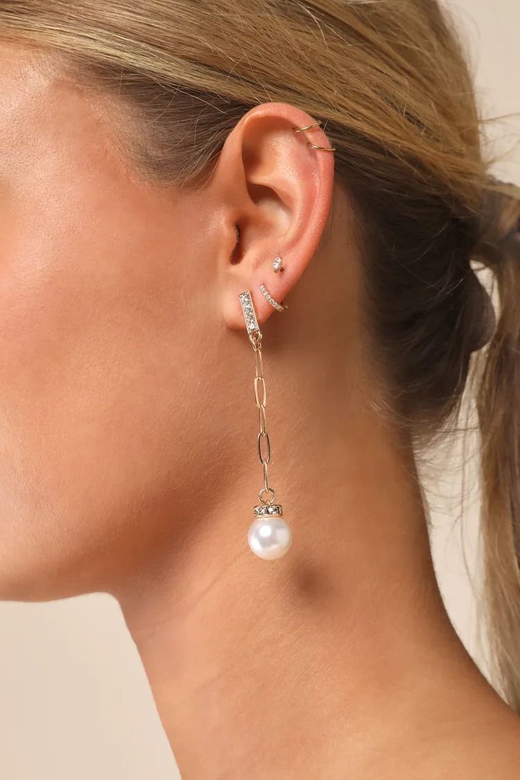 Mesmerizing Glitter Gold Rhinestone Pearl Chain Drop Earrings | Lulus