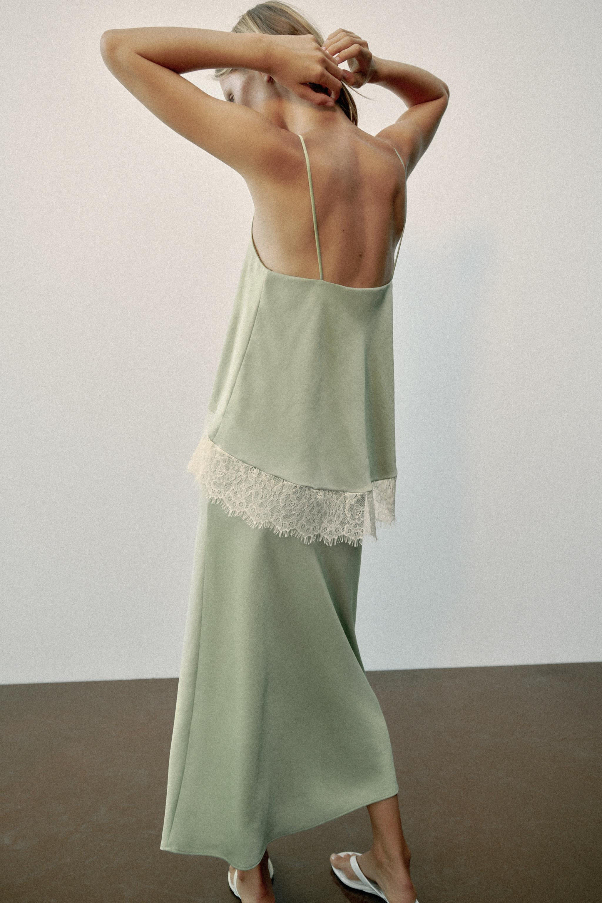Lace-Trimmed Satin Midi Slip Dress | Zara US