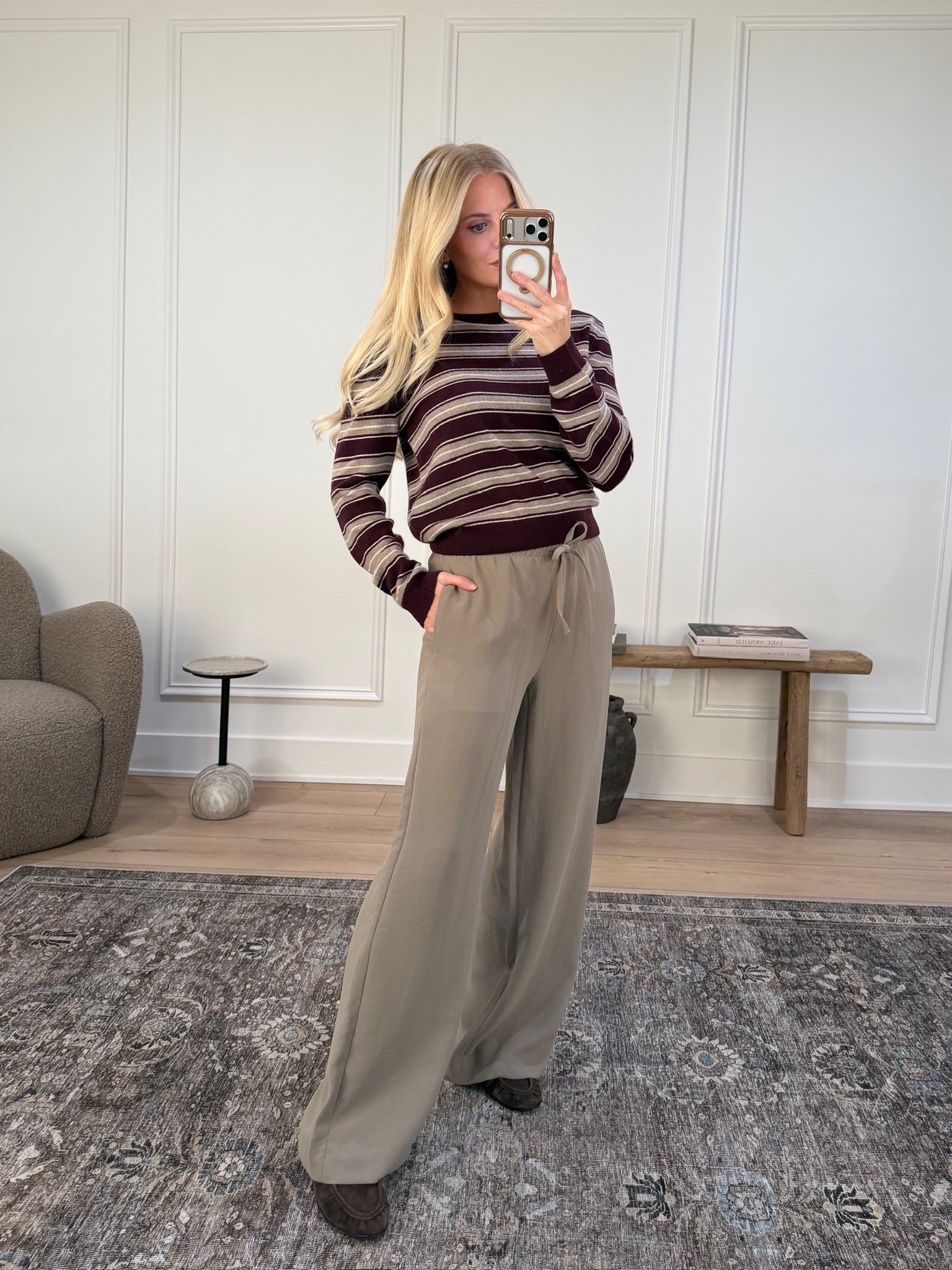 Wearing a medium in sweater (Med Cdn/Hther Nmd Tpe), small in pants (nomad taupe), shoes are tts! #kathleenpost

Casual winter outfit, errands outfit, school drop off, school pick up, winter work outfit 