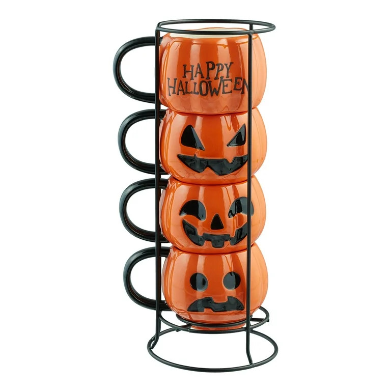 Way to Celebrate 4-Piece 12-Oz Orange and Black Pumpkin-Shaped Glazed Ceramic Mug Set with Metal ... | Walmart (US)