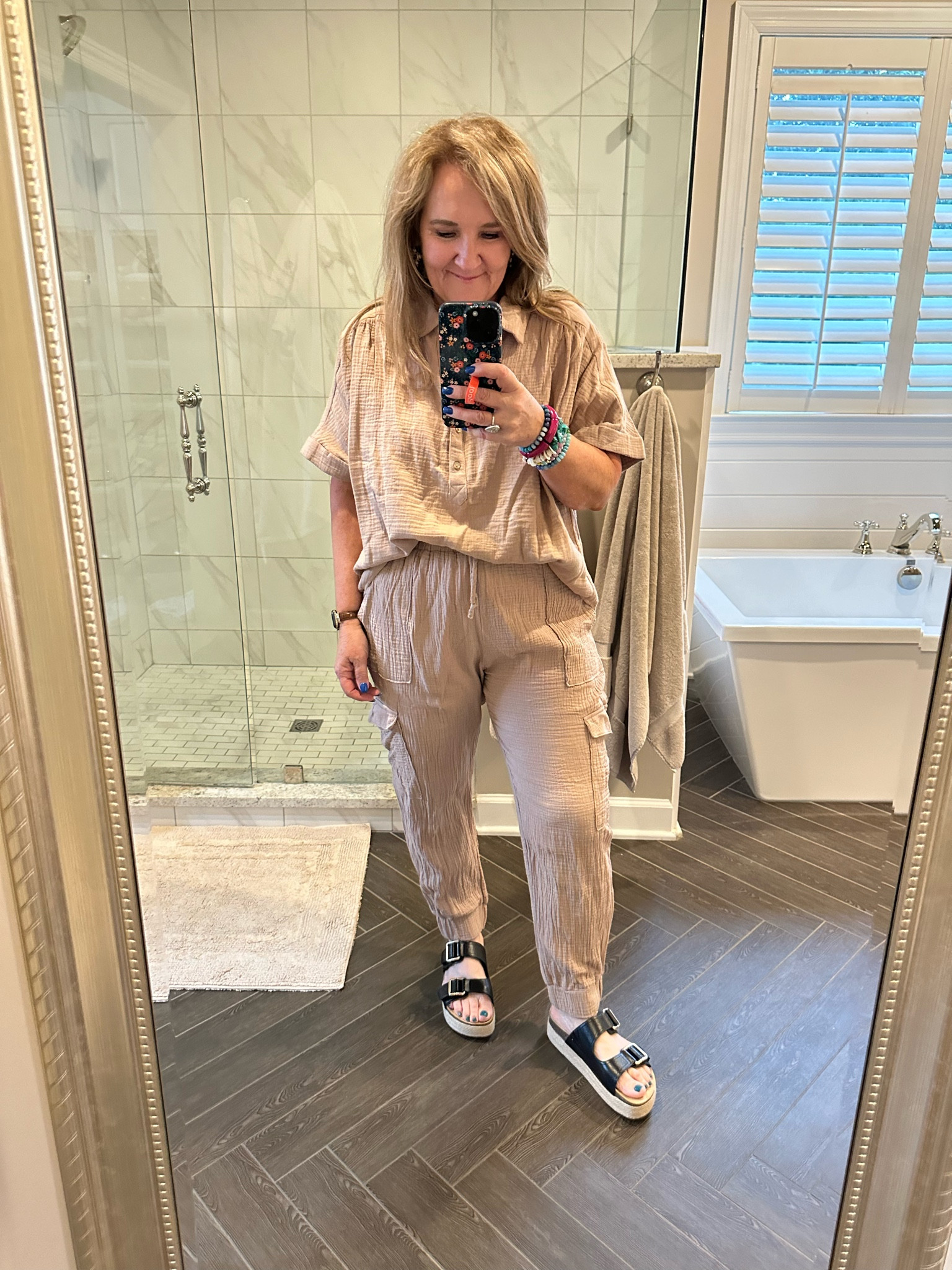 Sunday afternoon casual! Wearing a large in both. The pants run small. So size up if in between. Top runs big. 10% off code NANETTE10

Love love my Bennett slides! 15% off code LTK_NANETTE15. They are tts 

Also linking the Osea Lotion that is amazing  

Travel outfit 2 piece set gauze set 

#LTKShoeCrush #LTKMidsize #LTKOver40