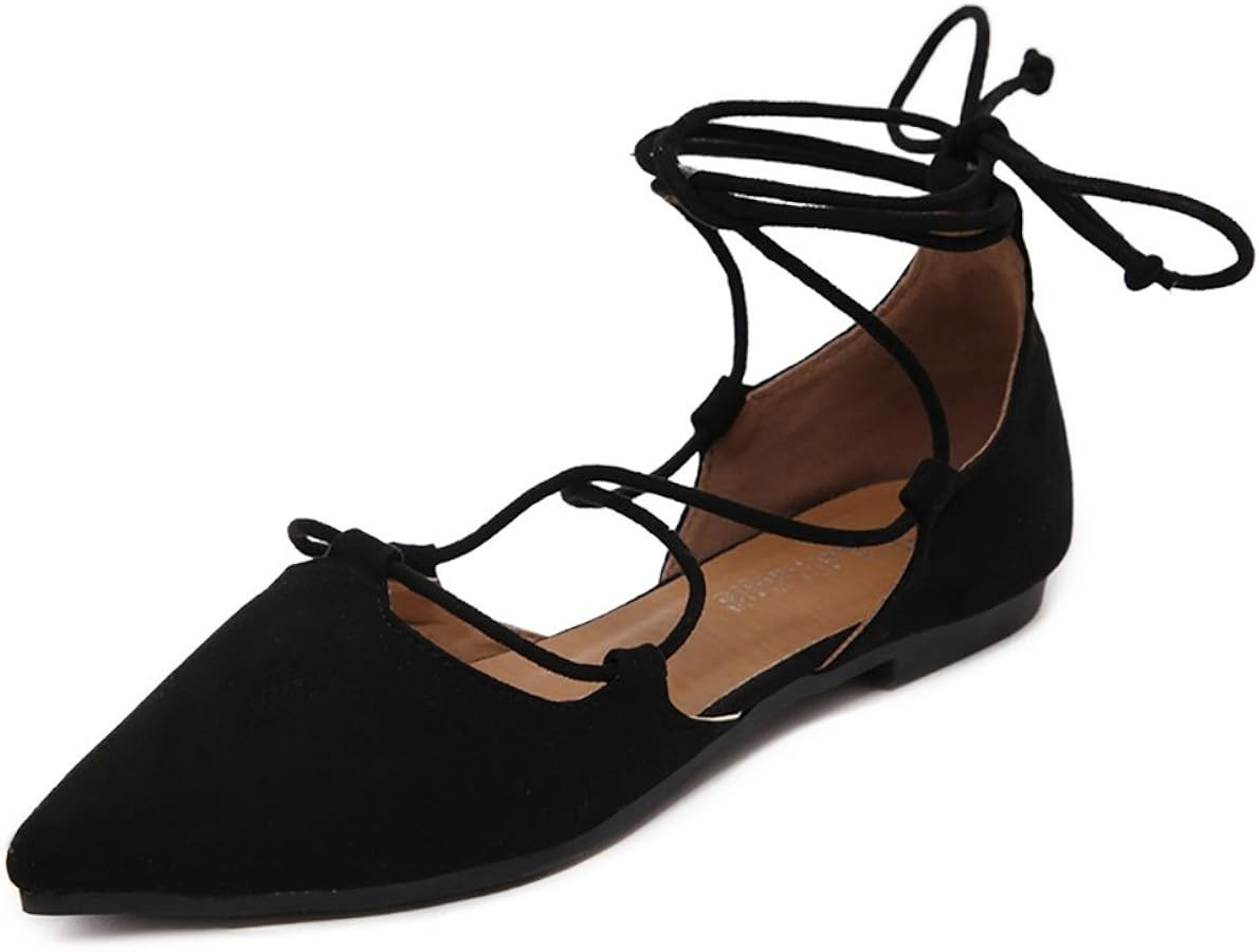 Meeshine Womens D'Orsay Pointy Toe Ankle Strap Wrap Ballet Flats Lace Up Flat Shoes | Amazon (US)