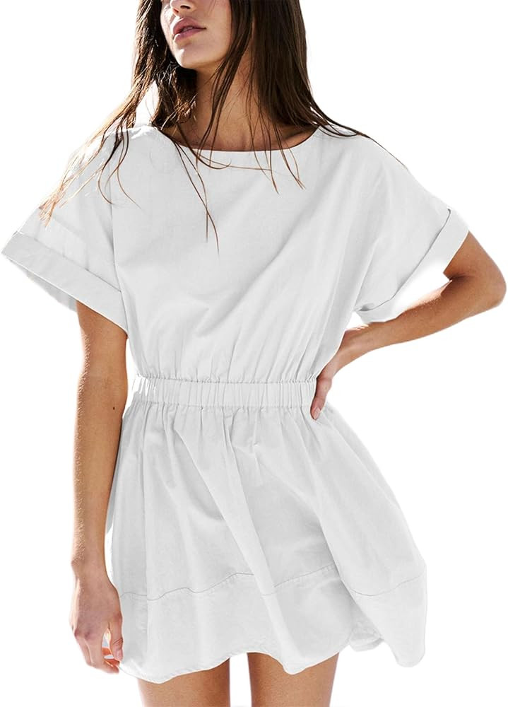 Mingzhu Women's Summer Short Sleeve Mini Dress Open Back A Line Sundress with Pockets | Amazon (US)
