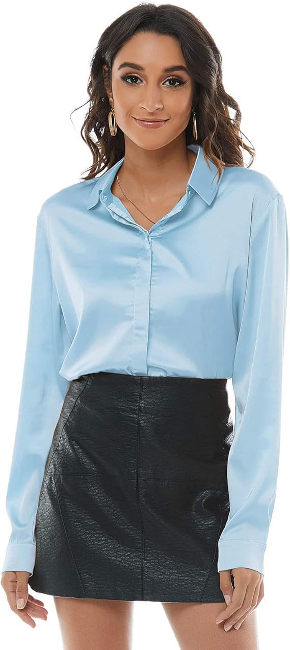 Women's Silk Blouse Long Sleeve Satin Button Down Shirt Casual Work Office Silky Blouse Top | Amazon (US)