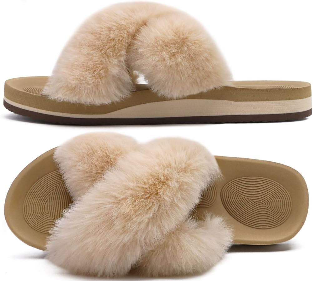 COFACE Womens Fuzzy Slides Fluff Faux Fur Cross Slippers Open Toe Yoga Mat House Slipper Sandals ... | Amazon (US)