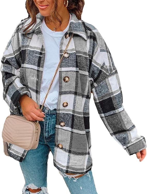 Yeokou Women's Fall Color Block Plaid Flannel Shacket Jacket Button Down Shirt Coat Tops | Amazon (US)