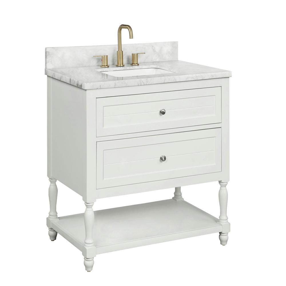 Elizabeth 30 in. W x22 in. D x 34.75 in. H Bath Vanity in White with Carrara Marble Vanity Top in... | The Home Depot