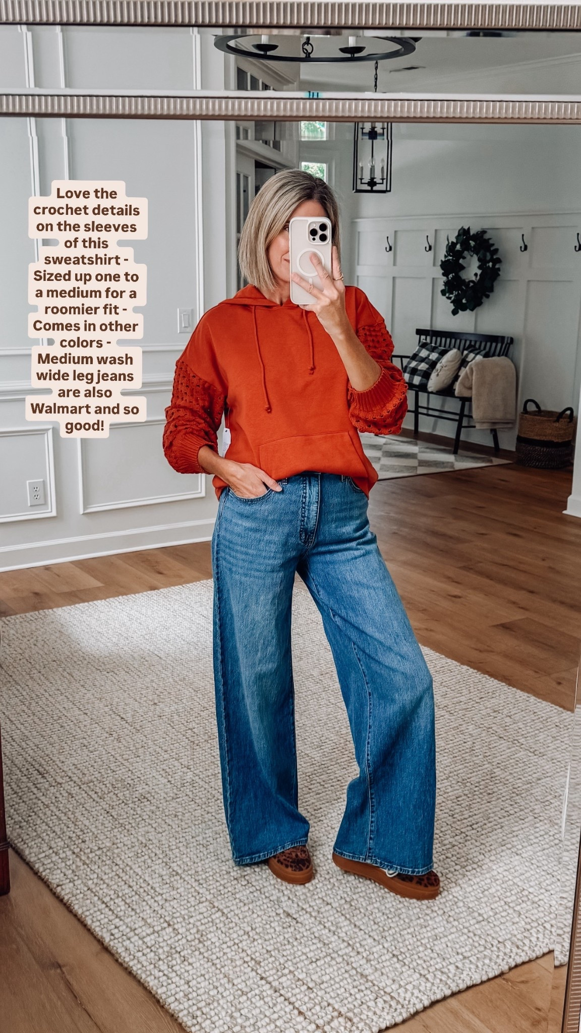 Love the crochet details on the sleeves of this sweatshirt. Sized up one to a medium for a roomier fit. Comes in other colors. Medium wash wide leg jeans are also Walmart and so good! Cute leopard print sneakers fit true to size

#LTKFindsUnder50 #LTKSeasonal #LTKOver40