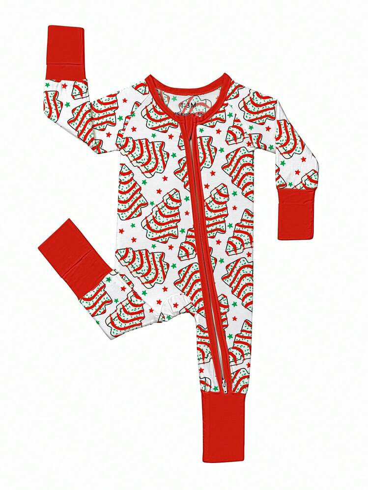 Baby Bamboo Fiber Zip-Up, Christmas Tree Cake Print Romper, All-Season Knit Fabric Skinny Fit Wit... | SHEIN