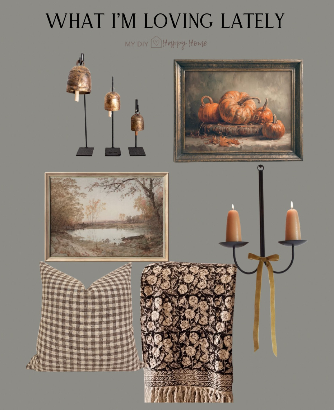 Home decor I am loving lately

•art prints 
•vintage inspired bells 
•candle holders 
•pillows
•throw blankets 

#LTKStyleTip #LTKHome #LTKSeasonal