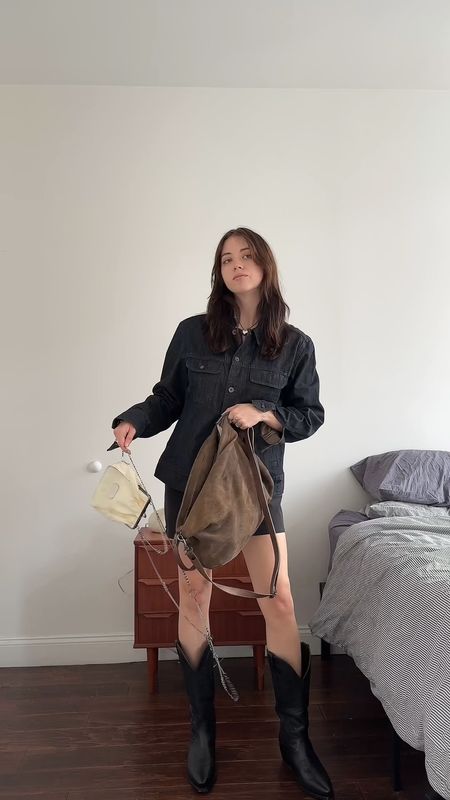 Styling cowboy boots 🖤 Raw denim jacket, nylon skirt (on sale!) and my favorite suede bag. Shrug sweater designed by me :) Shop similar and exact products below

#LTKsalealert #LTKstyletip #LTKVideo