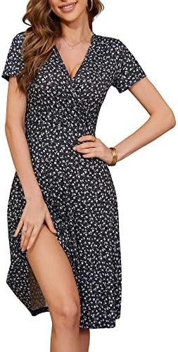MSBASIC Womens Summer Wrap V Neck Casual Dresses Floral Short Sleeve A-Line Midi Sundress | Amazon (US)