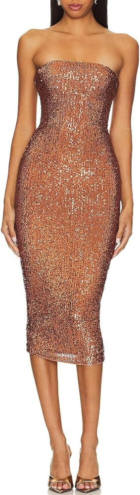 Women Strapless Sequin Club Midi Dress Sleeveless Tube High Waist Dress Sparkly Glitter Sequin Bo... | Amazon (US)