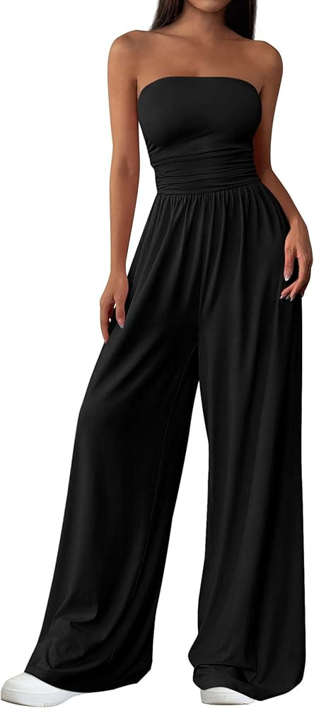 PRETTYGARDEN Womens Trendy Strapless Rompers 2026 Ruched Tube Top Wide Leg One Piece Jumpsuits Be... | Amazon (US)
