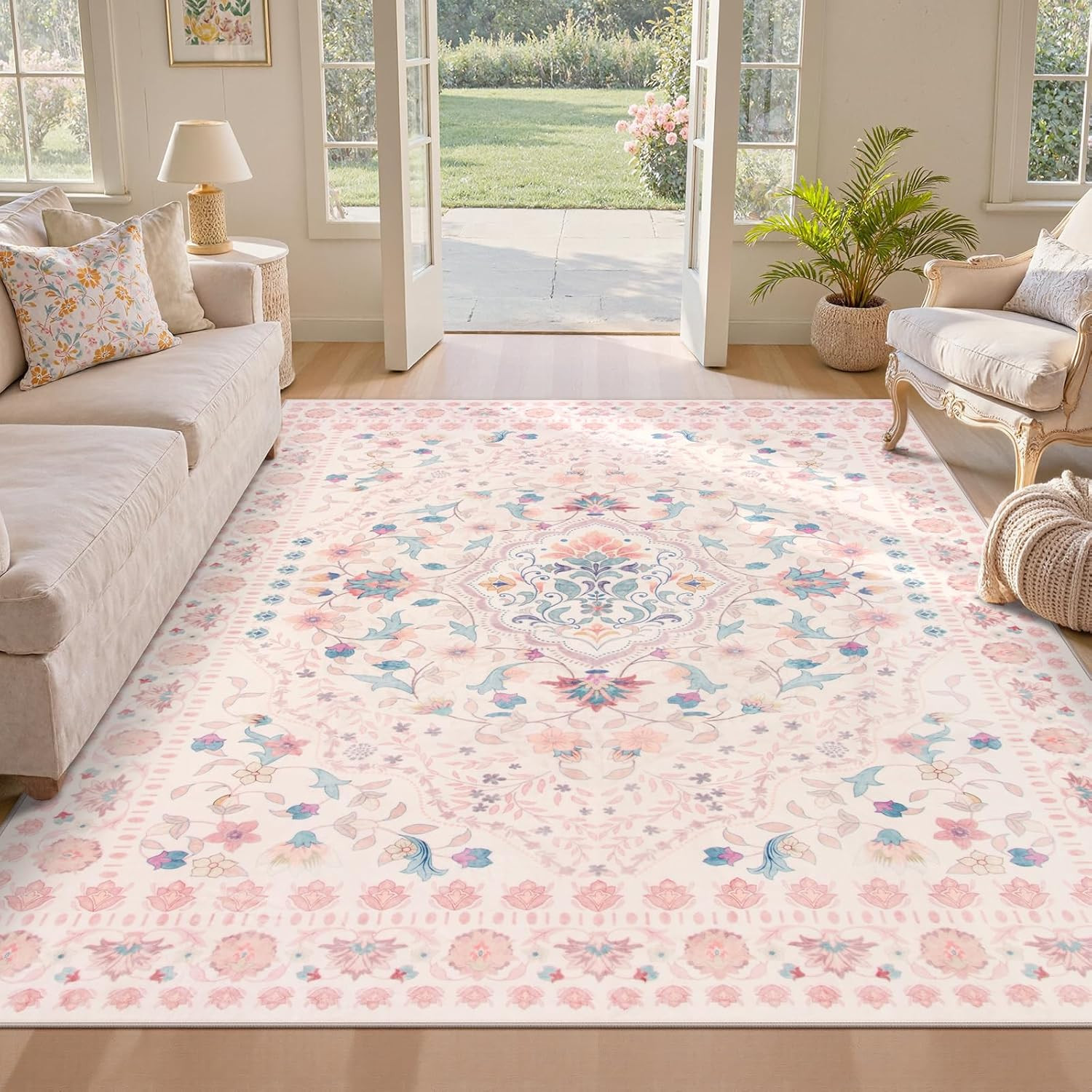 Wonnitar Boho Floral 8x10 Pink Area Rug, Washable Kids Rugs for Bedroom, Large Ultra-Thin Soft Non Slip Carpet for Nursery Living Room Playroom Classroom, Pastel Pink | Amazon (US)